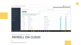 1
PAYROLL ON CLOUD
Access to information at all times
INTELLIOB TECHNOLOGIES PVT. LTD. 9/16/2016
6
 