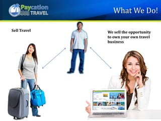 Sell Travel We sell the opportunity
to own your own travel
business
What We Do!
 
