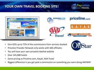 • Earn 65% up to 75% of the commissions from services booked
• Priceline Provider Network only works with 500 affiliates
• You will have your own privately labeled website
• Over 145,000 hotels
• Same pricing as Priceline.com, Kayak, AAA Travel
• Biggest difference is you get paid a commission on something you were doing ANYWAY
YOUR OWN TRAVEL BOOKING SITE!
 