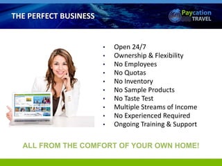 • Open 24/7
• Ownership & Flexibility
• No Employees
• No Quotas
• No Inventory
• No Sample Products
• No Taste Test
• Multiple Streams of Income
• No Experienced Required
• Ongoing Training & Support
ALL FROM THE COMFORT OF YOUR OWN HOME!
THE PERFECT BUSINESS
 