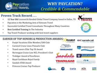 • 12 Year Old Licensed & Bonded Global Travel Company based in Dallas, TX
• Paycation is the Marketing Arm of Xstream Travel
• Successful Certified Travel Consultants Throughout Many Countries
• Best Certified Training In The Industry
• Top Travel Producer working with best travel suppliers
TravelEARNER OF TOP HONORS & PRODUCTION AWARDS:
• Funjet Vacations Elite Member/500 Club
• Carnival Cruise Lines Pinnacle Club
• Travel-savers Elite Top 50 Award
• Norwegian Cruise Line NCL President's Club
• Trafalgar Award of Excellence
• Royal Caribbean Royal Family
• Sandals STAR Award
• Princess Cruises Top Producer
Proven Track Record . . .
WHY PAYCATION?
Credible & Commendable
 