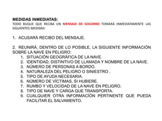 MEDIDAS INMEDIATAS:
TODO BUQUE QUE RECIBA UN MENSAJE DE SOCORRO TOMARÁ INMEDIATAMENTE LAS
SIGUIENTES MEDIDAS:
1. ACUSARÁ RECIBO DEL MENSAJE.
2. REUNIRÁ, DENTRO DE LO POSIBLE, LA SIGUIENTE INFORMACIÓN
SOBRE LA NAVE EN PELIGRO:
1. SITUACIÓN GEOGRÁFICA DE LA NAVE.
2. IDENTIDAD, DISTINTIVO DE LLAMADA Y NOMBRE DE LA NAVE.
3. NÚMERO DE PERSONAS A BORDO.
4. NATURALEZA DEL PELIGRO O SINIESTRO .
5. TIPO DE AYUDA NECESARIA.
6. NÚMERO DE VÍCTIMAS, SI HUBIERE.
7. RUMBO Y VELOCIDAD DE LA NAVE EN PELIGRO.
8. TIPO DE NAVE Y CARGA QUE TRANSPORTA.
9. CUALQUIER OTRA INFORMACÍÓN PERTINENTE QUE PUEDA
FACILITAR EL SALVAMENTO.
 