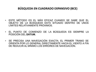 BÚSQUEDA EN CUADRADO EXPANSIVO (BCE)
• ESTE MÉTODO ES EL MÁS EFICAZ CUANDO SE SABE QUE EL
OBJETO DE LA BÚSQUEDA ESTÁ SITUADO DENTRO DE UNOS
LÍMITES RELATIVAMENTE PRÓXIMOS.
• EL PUNTO DE COMIENZO DE LA BÚSQUEDA ES SIEMPRE LA
POSICIÓN DEL DÁTUM.
• SE PRECISA UNA NAVEGACIÓN EXACTA; EL PRIMER TRAMO SE
ORIENTA POR LO GENERAL DIRECTAMENTE HACIA EL VIENTO A FIN
DE REDUCIR AL MÍNIMO LOS ERRORES DE NAVEGACIÓN.
 