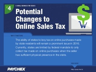 Potential
Changes to
Online Sales Tax
#
4
WHY IT MATTERS
The ability of states to levy tax on online purchases made
by state residents will remain a prominent issue in 2016.
Currently, states are limited by federal mandate to only
collect tax made on online purchases when the seller
has sufﬁcient physical presence in the state.
READ MORE
5 SMALL BUSINESS TAX ISSUES
http://payx.me/cz
 