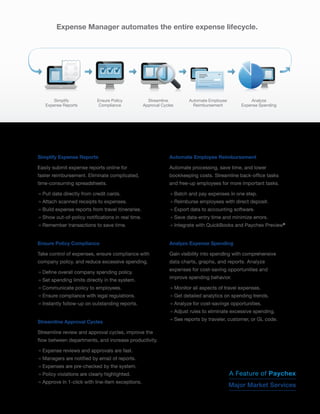Expense Manager automates the entire expense lifecycle.



              RECEIPT
            Item      96.14
            Thing    108.25
            Item      16.97

            Tax       20.57
            TOTAL   $ 241.93




       Simplify                Ensure Policy         Streamline         Automate Employee           Analyze
   Expense Reports              Compliance         Approval Cycles        Reimbursement         Expense Spending




Simplify Expense Reports                                        Automate Employee Reimbursement

Easily submit expense reports online for                        Automate processing, save time, and lower
faster reimbursement. Eliminate complicated,                    bookkeeping costs. Streamline back-office tasks
time-consuming spreadsheets.                                    and free-up employees for more important tasks.

p Pull data directly from credit cards.                         p Batch and pay expenses in one step.
p Attach scanned receipts to expenses.                          p Reimburse employees with direct deposit.
p Build expense reports from travel itineraries.                p Export data to accounting software.
p Show out-of-policy notifications in real time.                p Save data-entry time and minimize errors.
p Remember transactions to save time.                           p Integrate with QuickBooks and Paychex Preview?



Ensure Policy Compliance                                        Analyze Expense Spending

Take control of expenses, ensure compliance with                Gain visibility into spending with comprehensive
company policy, and reduce excessive spending.                  data charts, graphs, and reports. Analyze
                                                                expenses for cost-saving opportunities and
p Define overall company spending policy.
                                                                improve spending behavior.
p Set spending limits directly in the system.
p Communicate policy to employees.                              p Monitor all aspects of travel expenses.
p Ensure compliance with legal regulations.                     p Get detailed analytics on spending trends.
p Instantly follow-up on outstanding reports.                   p Analyze for cost-savings opportunities.
                                                                p Adjust rules to eliminate excessive spending.
                                                                p See reports by traveler, customer, or GL code.
Streamline Approval Cycles

Streamline review and approval cycles, improve the
flow between departments, and increase productivity.

p Expense reviews and approvals are fast.
p Managers are notified by email of reports.
p Expenses are pre-checked by the system.                                                        CallKevin George
                                                                                                 Call Mike Brew
p Policy violations are clearly highlighted.                                                A Feature of Paychex
p Approve in 1-click with line-item exceptions.
                                                                                                  1-800-428-8170
                                                                                            Major extension 86169
                                                                                                            86794
                                                                                                   Market Services
 