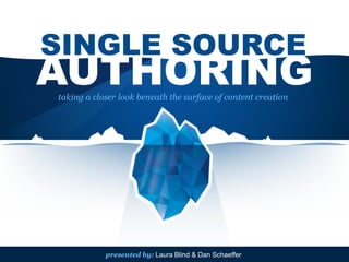 SINGLE SOURCE 
AUTHORING 
taking a closer look beneath the surface of content creation 
presented by: Laura Blind & Dan Schaeffer 
 