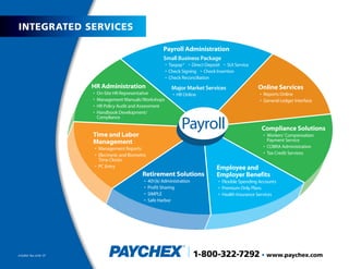 Integrated ServIceS

                                                            Payroll Administration
                                                            Small Business Package
                                                            •	 Taxpay ®				•		Direct	Deposit				•		SUI	Service				
                                                            •		Check	Signing				•		Check	Insertion				
                                                            •	 Check	Reconciliation
                       HR Administration                        Major Market Services                                Online Services
                       •	 On-Site	HR	Representative      								•		HR	Online                                        •	 Reports	Online
                       •	 Management	Manuals/Workshops                                                               •	 General	Ledger	Interface
                       •	 HR	Policy	Audit	and	Assessment
                       •	 Handbook	Development/
                          Compliance


                       Time and Labor
                                                                      Payroll                                         Compliance Solutions
                                                                                                                      •	 Workers’	Compensation	
                       Management                                                                                        Payment	Service
                        •	 Management	Reports                                                                         •	 COBRA	Administration
                        •	 Electronic	and	Biometric	                                                                  •	 Tax	Credit	Services
                           Time	Clocks
                        •	 PC	Entry                                                        Employee and
                                                 Retirement Solutions                      Employer Benefits
                                                  •	 401(k)	Administration                  •	 Flexible	Spending	Accounts
                                                  •	 Profit	Sharing                         •	 Premium	Only	Plans
                                                  •	 SIMPLE                                 •	 Health	Insurance	Services
                                                  •	 Safe	Harbor




#152454 Rev. 6/09 CP                                                         1-800-322-7292 • www.paychex.com
 