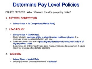 Determine Pay Level PoliciesDetermine Pay Level Policies
POLICY EFFECTS : What difference does the pay policy make?
1.1. PAY WITH COMPETITIONPAY WITH COMPETITION
– Labour Costs = its Competitors (Market Rate)Labour Costs = its Competitors (Market Rate)
2. LEAD POLICYLEAD POLICY
– Labour Costs > Market RateLabour Costs > Market Rate
– Rationale is to maximize ability to attract & retain quality employeesmaximize ability to attract & retain quality employees & to
minimize employee dissatisfaction with pay
– Some employers are able to pass higher pay rates on to consumers in form ofpass higher pay rates on to consumers in form of
higher product priceshigher product prices
– Sometimes an entire industry can pass high pay rates on to consumers if pay is
relatively low proportion to total operating
3. LAG policyLAG policy
– Labour Costs < Market RateLabour Costs < Market Rate
– Lower pay levels probably contribute to turnoverturnover
 