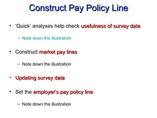 Construct Pay Policy LineConstruct Pay Policy Line
• ‘Quick’ analyses help check usefulness of survey datausefulness of survey data
– Note down the illustration
• Construct market pay linesmarket pay lines
– Note down the illustration
• Updating survey dataUpdating survey data
• Set the employer’s pay policy lineemployer’s pay policy line
– Note down the illustration
 