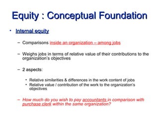 Equity : Conceptual FoundationEquity : Conceptual Foundation
• Internal equityInternal equity
– Comparisons inside an organization – among jobs
– Weighs jobs in terms of relative value of their contributions to the
organization’s objectives
– 2 aspects2 aspects:
• Relative similarities & differences in the work content of jobs
• Relative value / contribution of the work to the organization’s
objectives
– How much do you wish to pay accountants in comparison with
purchase clerk within the same organization?
 