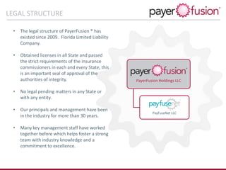 PayerFusion Holdings LLC
PayFuseNet LLC
• The legal structure of PayerFusion ® has
existed since 2009. Florida Limited Liability
Company.
• Obtained licenses in all State and passed
the strict requirements of the insurance
commissioners in each and every State, this
is an important seal of approval of the
authorities of integrity.
• No legal pending matters in any State or
with any entity.
• Our principals and management have been
in the industry for more than 30 years.
• Many key management staff have worked
together before which helps foster a strong
team with industry knowledge and a
commitment to excellence.
LEGAL STRUCTURE
 
