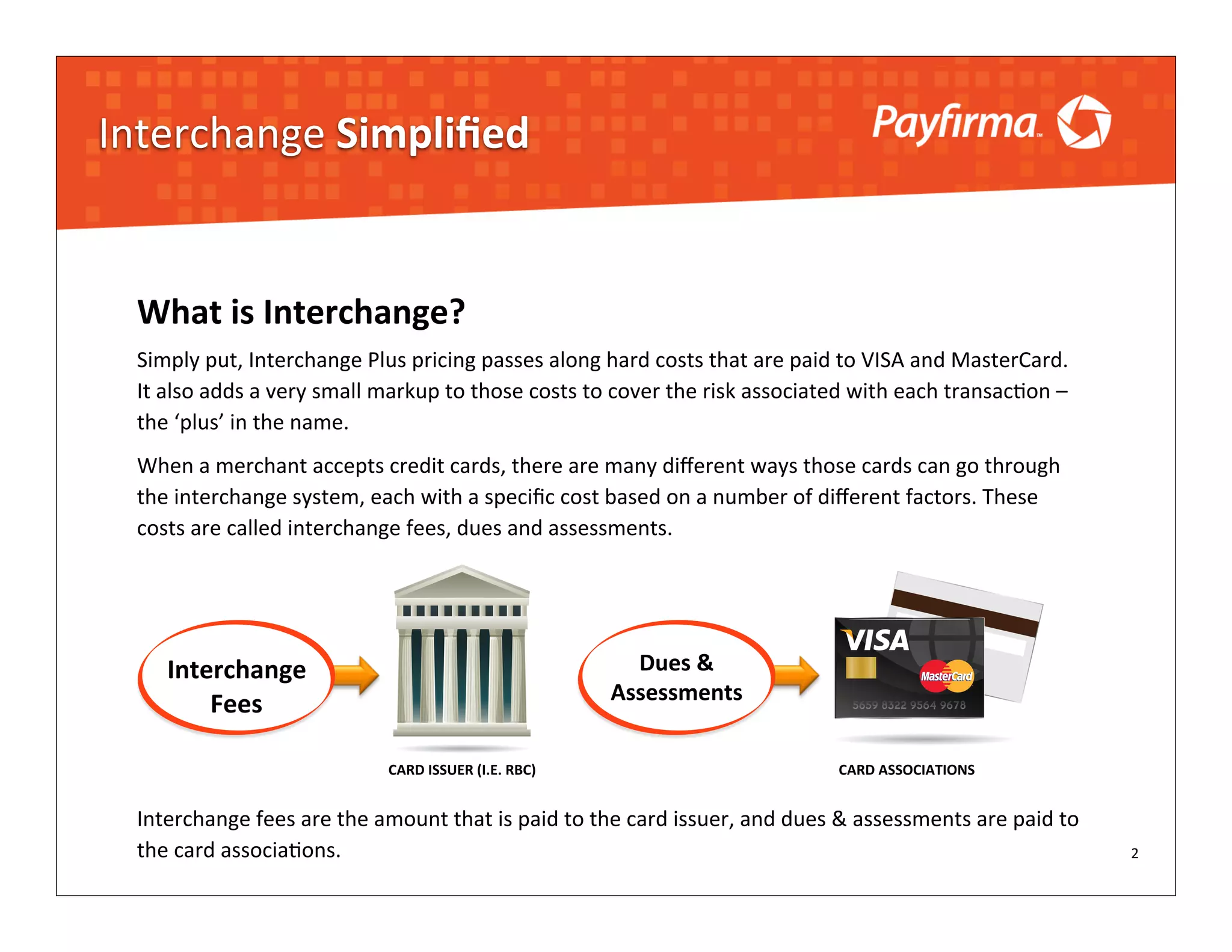 Interchange	
  Simpliﬁed


  What	
  is	
  Interchange?	
  
  Simply	
  put,	
  Interchange	
  Plus	
  pricing	
  passes	
  along	
  hard	
  costs	
  that	
  are	
  paid	
  to	
  VISA	
  and	
  MasterCard.	
  
  It	
  also	
  adds	
  a	
  very	
  small	
  markup	
  to	
  those	
  costs	
  to	
  cover	
  the	
  risk	
  associated	
  with	
  each	
  transac?on	
  –	
  
  the	
  ‘plus’	
  in	
  the	
  name.
  When	
  a	
  merchant	
  accepts	
  credit	
  cards,	
  there	
  are	
  many	
  diﬀerent	
  ways	
  those	
  cards	
  can	
  go	
  through	
  
  the	
  interchange	
  system,	
  each	
  with	
  a	
  speciﬁc	
  cost	
  based	
  on	
  a	
  number	
  of	
  diﬀerent	
  factors.	
  These	
  
  costs	
  are	
  called	
  interchange	
  fees,	
  dues	
  and	
  assessments.




       Interchange	
                                                               Dues	
  &	
  
                                                                                 Assessments
           Fees

                                            CARD	
  ISSUER	
  (I.E.	
  RBC)                                            CARD	
  ASSOCIATIONS


  Interchange	
  fees	
  are	
  the	
  amount	
  that	
  is	
  paid	
  to	
  the	
  card	
  issuer,	
  and	
  dues	
  &	
  assessments	
  are	
  paid	
  to	
  
  the	
  card	
  associa?ons.                                                                                                                                     2
 