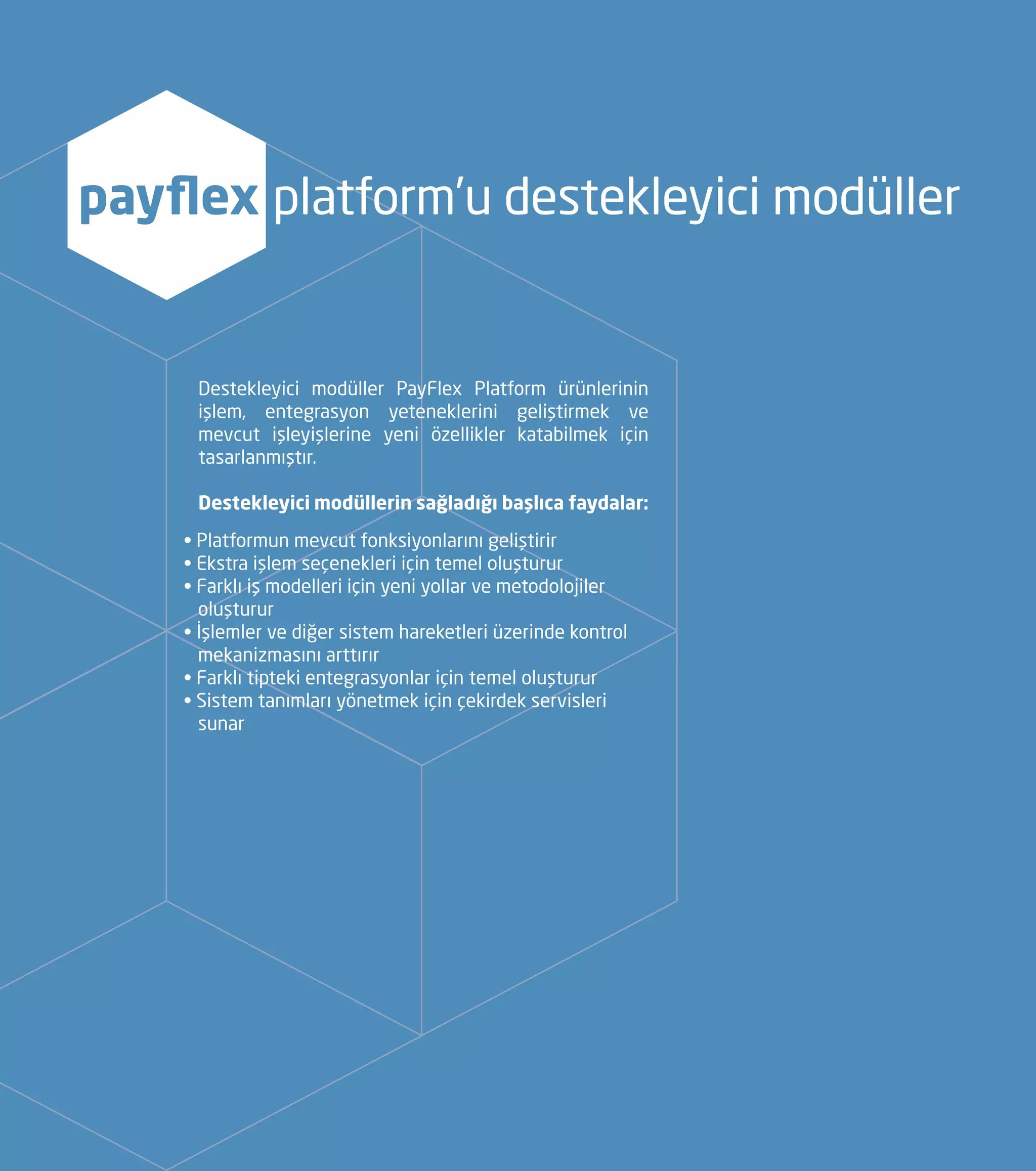 Destekleyici modüller PayFlex Platform ürünlerinin
işlem, entegrasyon yeteneklerini geliştirmek ve
mevcut işleyişlerine yeni özellikler katabilmek için
tasarlanmıştır.
Destekleyici modüllerin sağladığı başlıca faydalar:
payflex platform’u destekleyici modüller
• Platformun mevcut fonksiyonlarını geliştirir
• Ekstra işlem seçenekleri için temel oluşturur
• Farklı iş modelleri için yeni yollar ve metodolojiler 		
	 oluşturur
• İşlemler ve diğer sistem hareketleri üzerinde kontrol 		
	 mekanizmasını arttırır
• Farklı tipteki entegrasyonlar için temel oluşturur
• Sistem tanımları yönetmek için çekirdek servisleri 		
	sunar
 