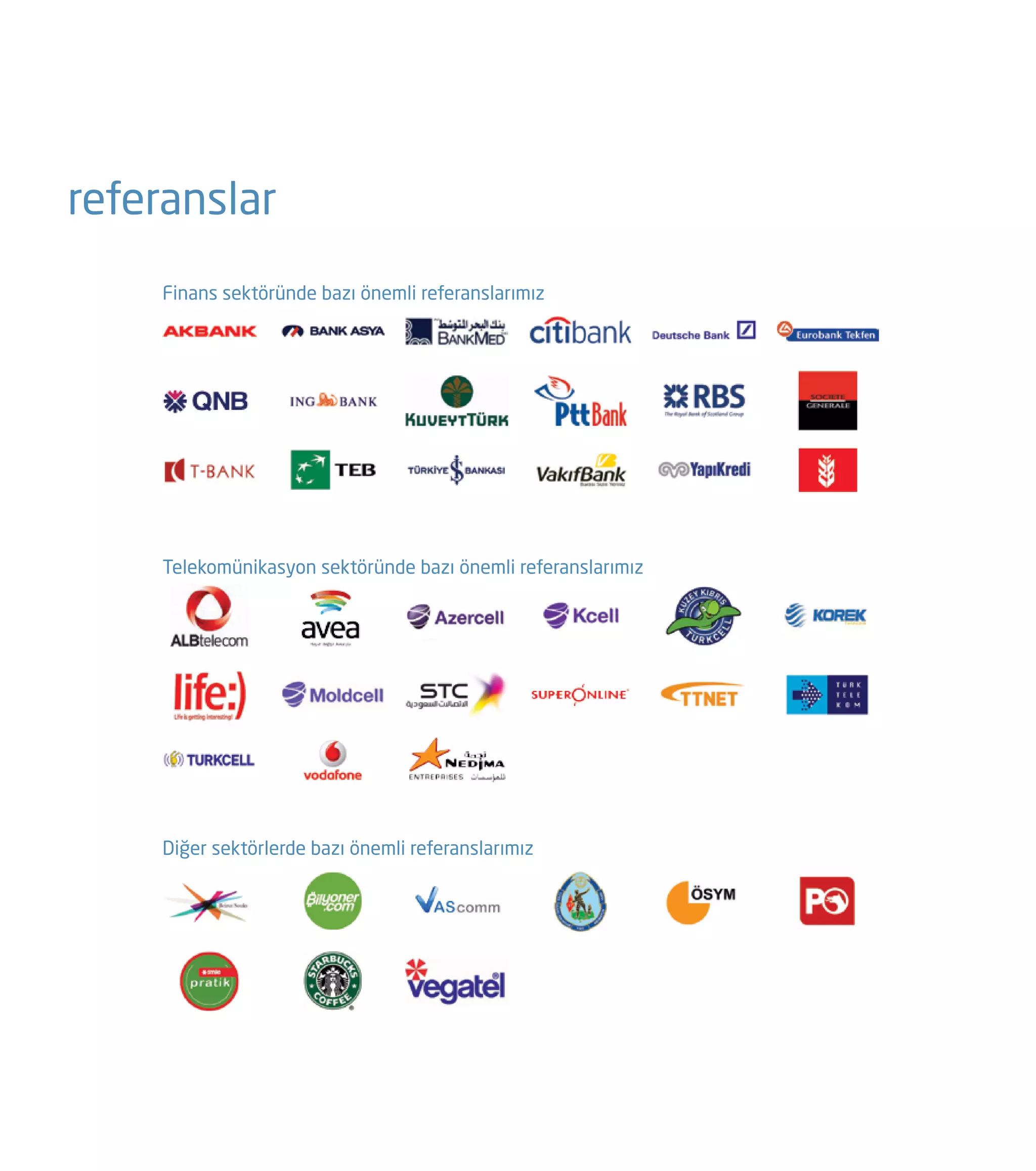 referanslar
Finans sektöründe bazı önemli referanslarımız
Telekomünikasyon sektöründe bazı önemli referanslarımız
Diğer sektörlerde bazı önemli referanslarımız
 
