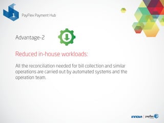Advantage-2
Reduced in-house workloads:
All the reconciliation needed for bill collection and similar
operations are carried out by automated systems and the
operation team.
1 PayFlex Payment Hub
 