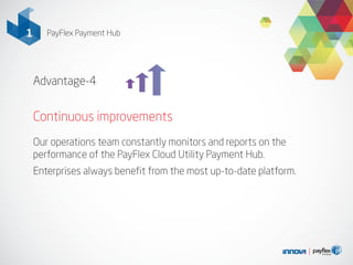 Advantage-4
Continuous improvements
Our operations team constantly monitors and reports on the
performance of the PayFlex Cloud Utility Payment Hub.
Enterprises always benefit from the most up-to-date platform.
1 PayFlex Payment Hub
 