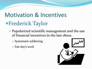 Motivation & Incentives
Frederick Taylor
• Popularized scientific management and the use
of financial incentives in the late 1800s.
 Systematic soldiering
 Fair day’s work
 