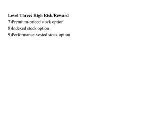 Level Three: High Risk/Reward
7)Premium-priced stock option
8)Indexed stock option
9)Performance-vested stock option
 