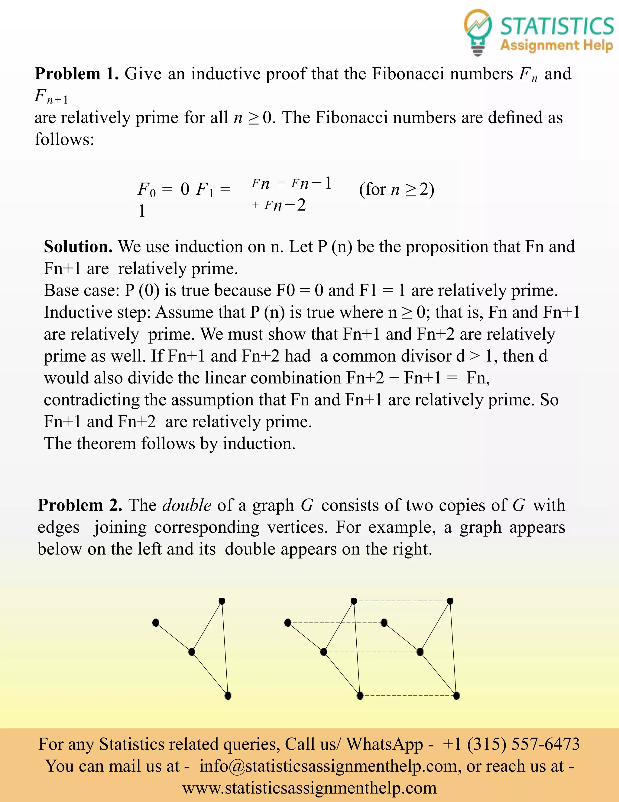 Problem 1. Give an inductive proof that the Fibonacci numbers Fn and
Fn+1
are relatively prime for all n ≥ 0. The Fibonacci numbers are deﬁned as
follows:
F0 = 0 F1 =
1
Fn = Fn−1
+ Fn−2
(for n ≥ 2)
Solution. We use induction on n. Let P (n) be the proposition that Fn and
Fn+1 are relatively prime.
Base case: P (0) is true because F0 = 0 and F1 = 1 are relatively prime.
Inductive step: Assume that P (n) is true where n ≥ 0; that is, Fn and Fn+1
are relatively prime. We must show that Fn+1 and Fn+2 are relatively
prime as well. If Fn+1 and Fn+2 had a common divisor d > 1, then d
would also divide the linear combination Fn+2 − Fn+1 = Fn,
contradicting the assumption that Fn and Fn+1 are relatively prime. So
Fn+1 and Fn+2 are relatively prime.
The theorem follows by induction.
Problem 2. The double of a graph G consists of two copies of G with
edges joining corresponding vertices. For example, a graph appears
below on the left and its double appears on the right.
For any Statistics related queries, Call us/ WhatsApp - +1 (315) 557-6473
You can mail us at - info@statisticsassignmenthelp.com, or reach us at -
www.statisticsassignmenthelp.com
 