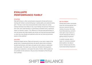 SITUATION
Male performance is often overestimated compared to female performance,
starting with mothers overestimating boys’ crawling ability and underestimating
girls’.2
This bias is even more pronounced when review criteria are unclear,
making individuals more likely to rely on gut feelings and personal inferences.3
Over time, even small deviations in performance evaluation have a signiﬁcant
impact on women’s careers.4
This difference in the perceived performance of
men and women also helps explains why women are hired and promoted based
on what they have already accomplished, while men are hired and promoted
based on their potential.5
SOLUTION
Awareness begets fairness. Make sure everyone on your team is aware of the
gender bias in evaluating performance. Be speciﬁc about what constitutes
excellent performance, and make sure goals are set in advance, understood,
and measurable. The clearer your criteria are, the better. Be prepared to
explain your evaluations—and expect the same of others. When people are
accountable for their decisions, they are more motivated to think through
them carefully.8
2
EVALUATE
PERFORMANCE FAIRLY
DID YOU KNOW?
Gender-blind studies consistently
show that removing gender from
decisions improves women’s
chances of success. One study
found that replacing a woman’s
name with a man’s name on a
résumé improved the odds of
getting hired by 61 percent.6
In another example, when a
major U.S. orchestra instituted
blind auditions, the odds of
women making it past the ﬁrst
round improved by 50 percent.7
 