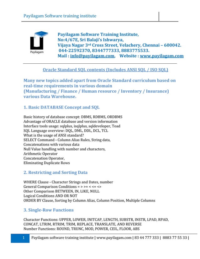 Payilagam oracle sql training syllabus | PDF