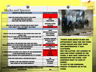 Marks and Spencer
               Before you enter the store:                    Marks and Spencers


         Does the store draw you in? If so, how?                     No
              Is the door open or closed?                           Open
             How does this make you feel?                         Welcoming

                                                                Readable from
      How big is the sign lettering and in what font?              Distance
         What does it tell you about the store?                    Nothing
                        Environment:
                                                                    Dark
                                                              Brown/Black/Blue/
  What is the color scheme of the store? How does this           Very formal
                        affect you?                              atmosphere
 What type of floor does the store have? How does this
                 effect the environment?                       Wooden, Premium
                                                                Regular Height,    *Points highlighted in Red are
                                                                    Made be        Opportunity area for the store
      How high is the ceiling? How does this feel?               comfortable
 How brightly lit is the store? How does this affect you?             Dull         Store façade was very dark
             How loud is the environment?                        Comfortable       and unimpressive. It was
                What is causing the noise?                             No          cluttered.
                                                               Yes, but very low
Is there music playing? If so, does it fit the environment?           level        And the clutter got carried to
                Is the store warm or cold?                           Warm          each and every corner of the
  Is the store crowed with merchandise or is it sparse?             Crowded        store. It was very complex to
        Does the store have a distinctive smell?                      No           understand the store. I got
                                                                 Right to the      confused what to look at
           Where is the cash register located?                    entrance
            How visible is the store security?                     At entry
                                                                                   where.
                                                                                   To add to the confusion,
       How long do you want to stay in this store?                10 minutes       nobody attended me in the
Does the environment influence the perceived value of the
                     merchandise?                                    Yes           store.
 