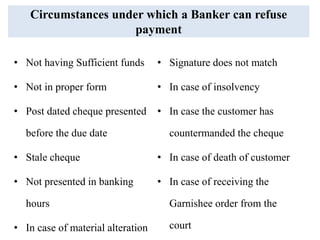 Circumstances under which a Banker can refuse
payment
• Not having Sufficient funds
• Not in proper form
• Post dated cheque presented
before the due date
• Stale cheque
• Not presented in banking
hours
• In case of material alteration
• Signature does not match
• In case of insolvency
• In case the customer has
countermanded the cheque
• In case of death of customer
• In case of receiving the
Garnishee order from the
court
 