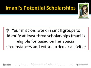 Take Charge Today– August 2013 – Paying for Higher Education – Slide 18
Funded by a grant from Take Charge America, Inc. to the Norton School of Family and Consumer Sciences Take Charge America Institute at the University of Arizona
2.3.5.G1
Your mission: work in small groups to
identify at least three scholarships Imani is
eligible for based on her special
circumstances and extra-curricular activities
 