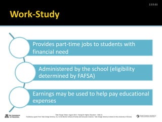Take Charge Today– August 2013 – Paying for Higher Education – Slide 21
Funded by a grant from Take Charge America, Inc. to the Norton School of Family and Consumer Sciences Take Charge America Institute at the University of Arizona
2.3.5.G1
Provides part-time jobs to students with
financial need
Administered by the school (eligibility
determined by FAFSA)
Earnings may be used to help pay educational
expenses
 