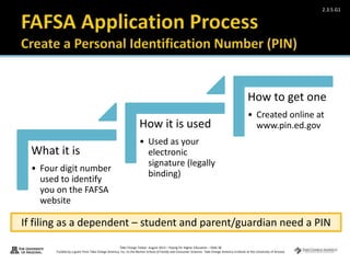 Take Charge Today– August 2013 – Paying for Higher Education – Slide 38
Funded by a grant from Take Charge America, Inc. to the Norton School of Family and Consumer Sciences Take Charge America Institute at the University of Arizona
2.3.5.G1
What it is
• Four digit number
used to identify
you on the FAFSA
website
How it is used
• Used as your
electronic
signature (legally
binding)
How to get one
• Created online at
www.pin.ed.gov
If filing as a dependent – student and parent/guardian need a PIN
 