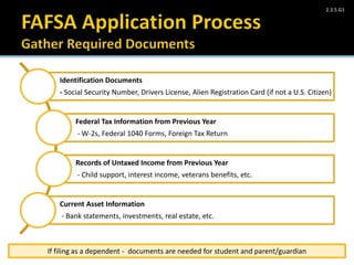 Take Charge Today– August 2013 – Paying for Higher Education – Slide 39
Funded by a grant from Take Charge America, Inc. to the Norton School of Family and Consumer Sciences Take Charge America Institute at the University of Arizona
2.3.5.G1
Identification Documents
- Social Security Number, Drivers License, Alien Registration Card (if not a U.S. Citizen)
Federal Tax Information from Previous Year
- W-2s, Federal 1040 Forms, Foreign Tax Return
Records of Untaxed Income from Previous Year
- Child support, interest income, veterans benefits, etc.
Current Asset Information
- Bank statements, investments, real estate, etc.
If filing as a dependent - documents are needed for student and parent/guardian
 