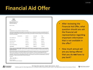 Take Charge Today– August 2013 – Paying for Higher Education – Slide 43
Funded by a grant from Take Charge America, Inc. to the Norton School of Family and Consumer Sciences Take Charge America Institute at the University of Arizona
2.3.5.G1
• After reviewing the
Financial Aid Offer, what
question should you ask
the financial aid
representative regarding
important information
that is not available in
the offer?
• How much annual aid
are you being offered
that you do not have to
pay back?
 