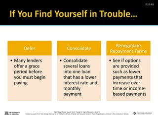 Take Charge Today– August 2013 – Paying for Higher Education – Slide 57
Funded by a grant from Take Charge America, Inc. to the Norton School of Family and Consumer Sciences Take Charge America Institute at the University of Arizona
2.3.5.G1
Defer
• Many lenders
offer a grace
period before
you must begin
paying
Consolidate
• Consolidate
several loans
into one loan
that has a lower
interest rate and
monthly
payment
Renegotiate
Repayment Terms
• See if options
are provided
such as lower
payments that
increase over
time or income-
based payments
 