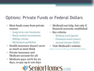 Options: Private Funds or Federal Dollars Most funds come from private sources Long term care insurance Stock market investments Selling a home Retirement portfolios Health insurance doesn’t cover as much as most think Private insurance and Medicare account for 3% Medicare pays 100% for 20 days, co-pay up to 100 days Medicaid can help, but only if financial necessity established Key criteria: Medical need (great) Financial assets (none) Annual income (little) Visit Medicaid’s website: http://www.cms.hhs.gov/MedicaidGenInfo/ 