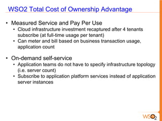 WSO2 Total Cost of Ownership Advantage

• Measured Service and Pay Per Use
  • Cloud infrastructure investment recaptured after 4 tenants
    subscribe (at full-time usage per tenant)
  • Can meter and bill based on business transaction usage,
    application count

• On-demand self-service
  • Application teams do not have to specify infrastructure topology
    (i.e. server count)
  • Subscribe to application platform services instead of application
    server instances
 