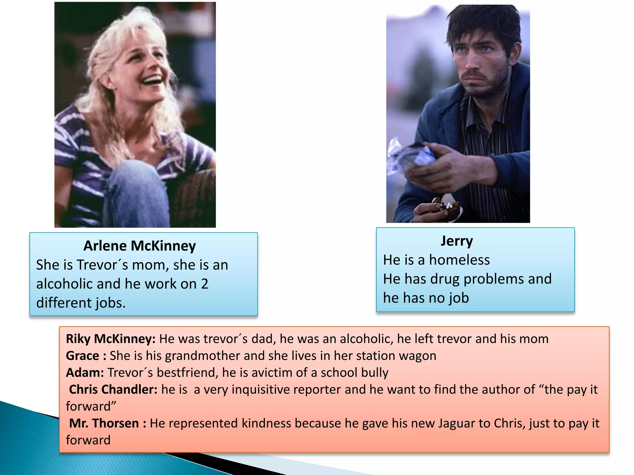 Arlene McKinney                                              Jerry
She is Trevor´s mom, she is an                              He is a homeless
alcoholic and he work on 2                                  He has drug problems and
different jobs.                                             he has no job

    Riky McKinney: He was trevor´s dad, he was an alcoholic, he left trevor and his mom
    Grace : She is his grandmother and she lives in her station wagon
    Adam: Trevor´s bestfriend, he is avictim of a school bully
     Chris Chandler: he is a very inquisitive reporter and he want to find the author of “the pay it
    forward”
     Mr. Thorsen : He represented kindness because he gave his new Jaguar to Chris, just to pay it
    forward
 