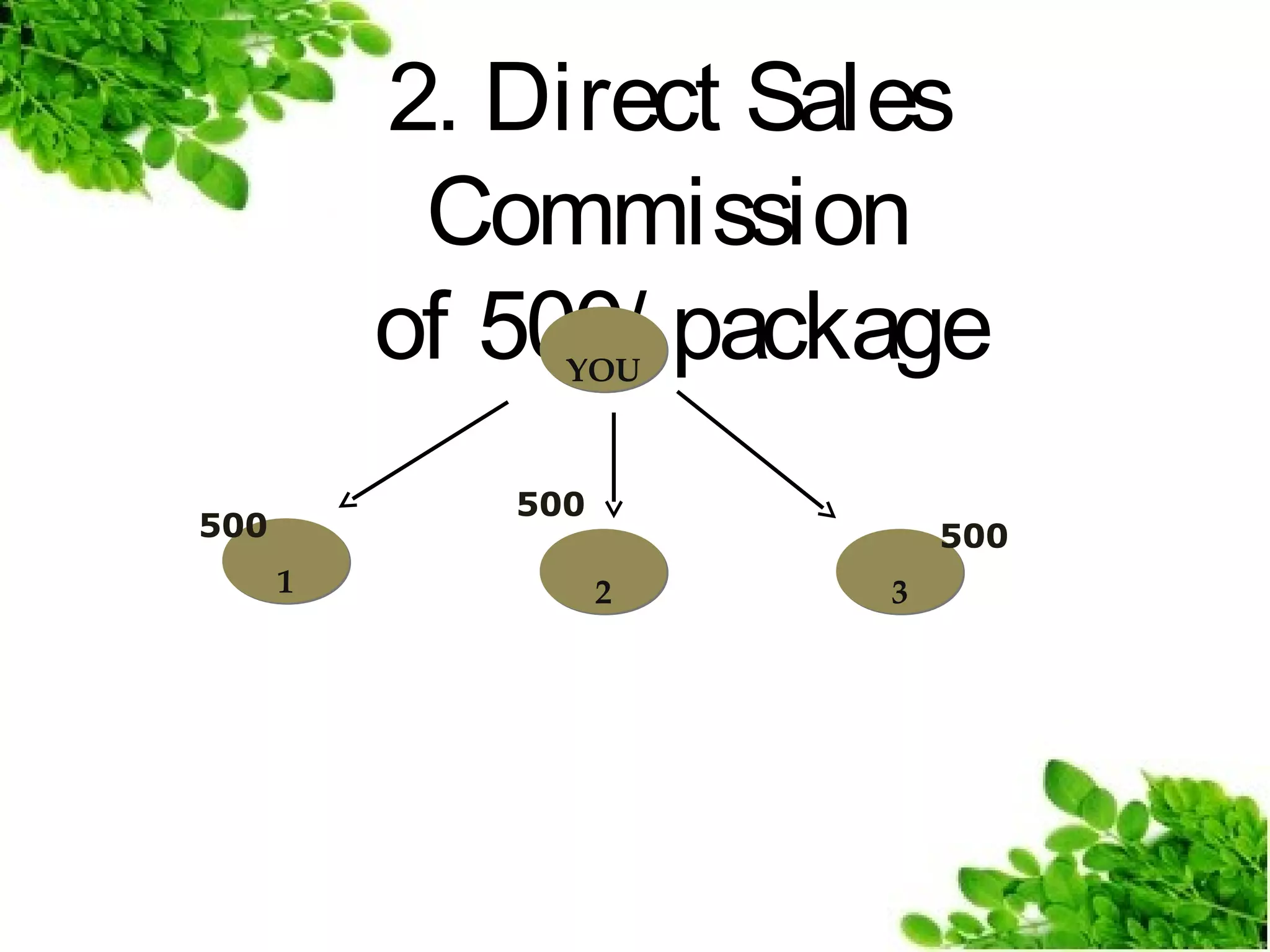 2. Direct Sales
Commission
of 500/ package
YOU

500

500
1

500
2

3

 