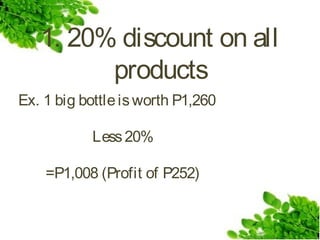 1. 20% discount on all
products
Ex. 1 big bottle is worth P1,260
Less 20%
=P1,008 (Profit of P252)

 