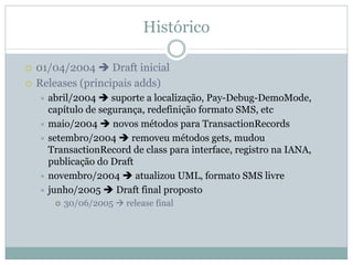 Histórico

01/04/2004      Draft inicial
Releases (principais adds)
  abril/2004     suporte a localização, Pay-Debug-DemoMode,
  capítulo de segurança, redefinição formato SMS, etc
  maio/2004      novos métodos para TransactionRecords
  setembro/2004      removeu métodos gets, mudou
  TransactionRecord de class para interface, registro na IANA,
  publicação do Draft
  novembro/2004       atualizou UML, formato SMS livre
  junho/2005      Draft final proposto
      30/06/2005   release final
 