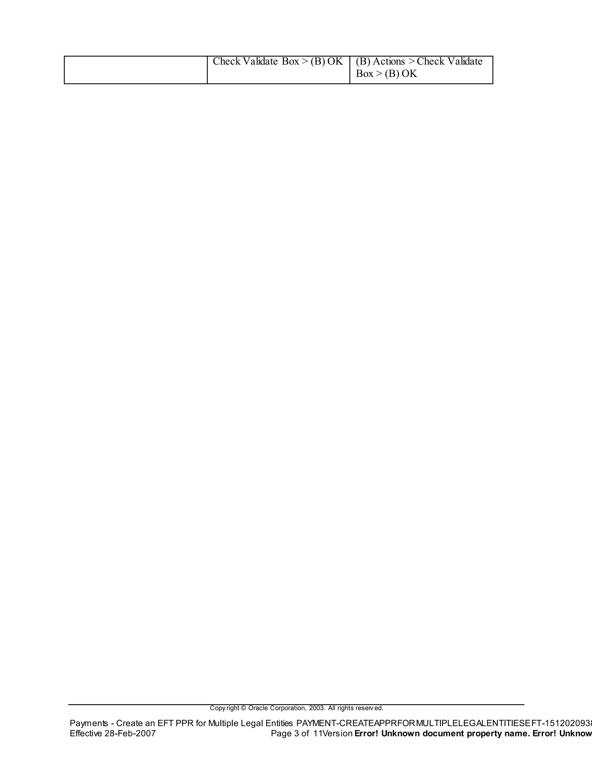 Copy right © Oracle Corporation, 2003. All rights reserv ed.
Payments - Create an EFT PPR for Multiple Legal Entities PAYMENT-CREATEAPPRFORMULTIPLELEGALENTITIESEFT-1512020938
Effective 28-Feb-2007 Page 3 of 11Version Error! Unknown document property name. Error! Unknow
Check Validate Box > (B) OK (B) Actions > Check Validate
Box > (B) OK
 
