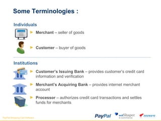 Some Terminologies : Individuals Merchant  – seller of goods Customer  – buyer of goods Institutions Customer’s Issuing Bank  – provides customer’s credit card information and verification  Merchant’s Acquiring Bank  – provides internet merchant account  Processor  – authorizes credit card transactions and settles funds for merchants  