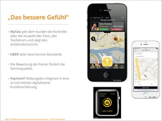 MSIC for Mobile Innovation, www.mobile-innovation.com, 11/2015 IHK Koblenz
„Das bessere Gefühl“
• MyTaxi gibt dem Kunden die Kontrolle
über die Auswahl des Taxis, des
Taxifahrers und zeigt den
Anfahrtsfortschritt.
• UBER setzt neue Service Standards.
• Die Bewertung der Fahrer fördert die
Servicequalität.
• Payment? Reibungslos integriert in eine
an sich bereits digitalisierte
Kundenerfahrung.
Bild: MyTaxi
Bild: UBER
MSIC for Mobile Innovation, www.mobile-innovation.com, 11/2015 IHK Koblenz
 
