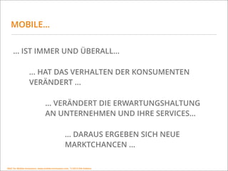 MSIC for Mobile Innovation, www.mobile-innovation.com, 11/2015 IHK Koblenz
MOBILE…
… IST IMMER UND ÜBERALL…
… HAT DAS VERHALTEN DER KONSUMENTEN
VERÄNDERT …
… VERÄNDERT DIE ERWARTUNGSHALTUNG
AN UNTERNEHMEN UND IHRE SERVICES…
… DARAUS ERGEBEN SICH NEUE 
MARKTCHANCEN …
MSIC for Mobile Innovation, www.mobile-innovation.com, 11/2015 IHK Koblenz
 