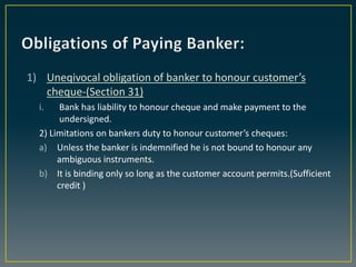 1) Uneqivocal obligation of banker to honour customer’s
cheque-(Section 31)
i. Bank has liability to honour cheque and mak...