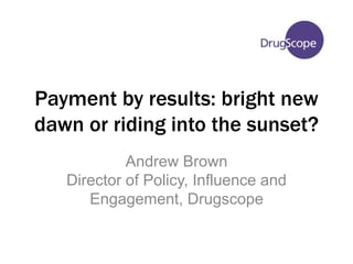 Payment by results: bright new 
dawn or riding into the sunset? 
Andrew Brown 
Director of Policy, Influence and 
Engagement, Drugscope 
 