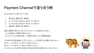 Payment Channelで送り合う例
AさんとBさんで5BTCずつ入金
1. 最初(A: 5BTC, B: 5BTC)
2. B→Aに3BTC送る(A: 8BTC, B: 2BTC)
3. A→Bに4BTC送る(A: 4BTC, B: 6BTC)
4. 最後(A: 4BTC, B: 6BTC)
最初と最後の取引だけをブロックチェーンに記録すればよい
→2,3は高速で手数料が発生しない
→ビットコインは送金が遅い、手数料が高いという課題を解決
でも途中の状態を勝手にブロックチェーンに記録すれば儲かるのでは・・・
Aさん・・・A: 8BTC, B: 2BTCで終わらせたい
Bさん・・・A: 4BTC, B: 6BTCで終わらせたい
「トラストレス」な世界では相手が裏切る可能性を考えなくてはいけない
 
