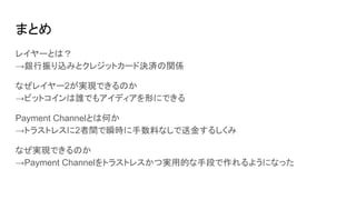 まとめ
レイヤーとは？
→銀行振り込みとクレジットカード決済の関係
なぜレイヤー2が実現できるのか
→ビットコインは誰でもアイディアを形にできる
Payment Channelとは何か
→トラストレスに2者間で瞬時に手数料なしで送金するしくみ
なぜ実現できるのか
→Payment Channelをトラストレスかつ実用的な手段で作れるようになった
 