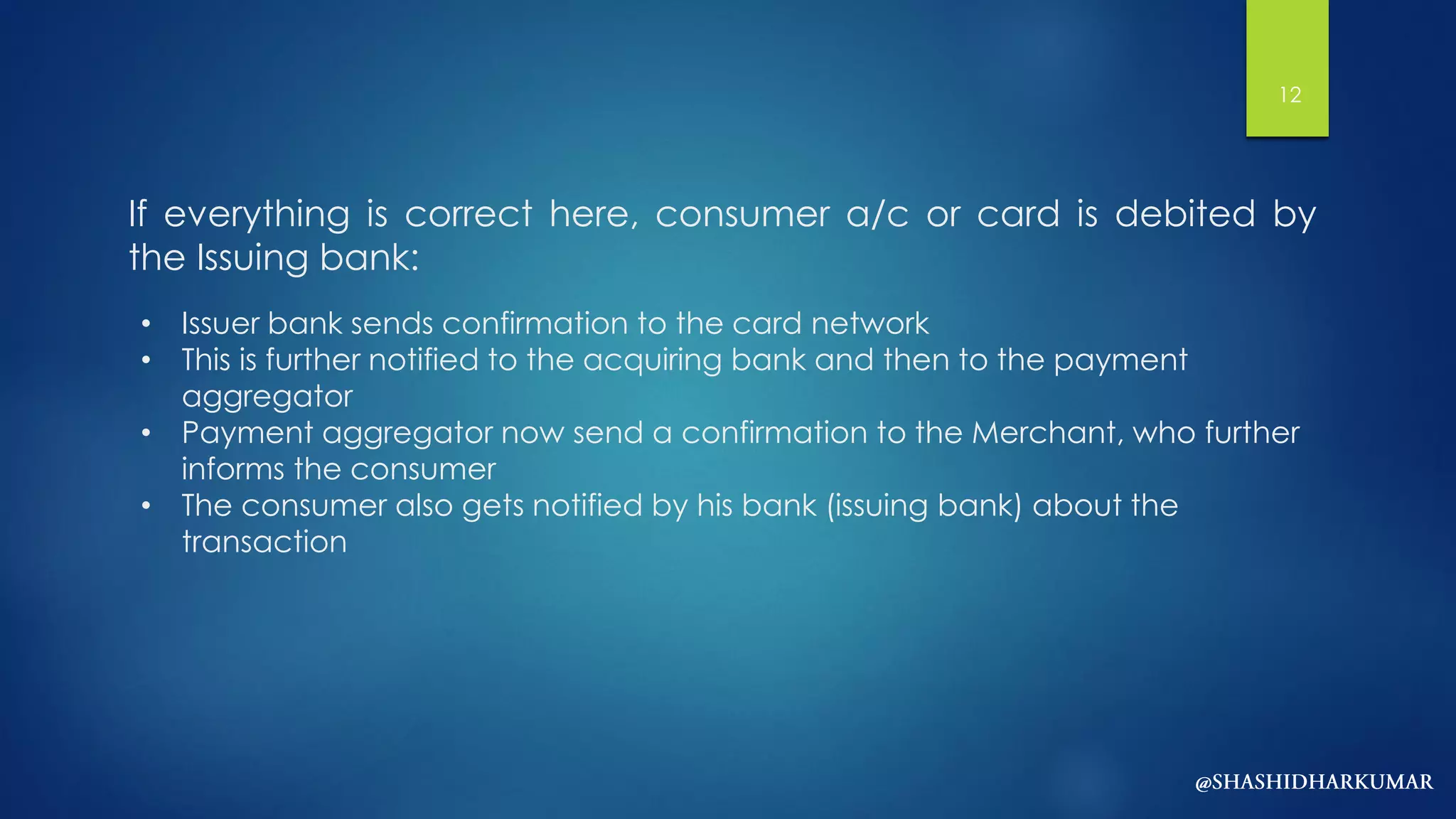 If everything is correct here, consumer a/c or card is debited by
the Issuing bank:
• Issuer bank sends confirmation to the card network
• This is further notified to the acquiring bank and then to the payment
aggregator
• Payment aggregator now send a confirmation to the Merchant, who further
informs the consumer
• The consumer also gets notified by his bank (issuing bank) about the
transaction
12
 