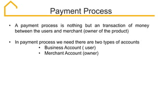 Payment Process
• A payment process is nothing but an transaction of money
between the users and merchant (owner of the product)
• In payment process we need there are two types of accounts
• Business Account ( user)
• Merchant Account (owner)
 