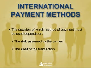 Opening Request Process
• The buyer must provide:
– Full name and address of the payee.
– The amount of the credit.
– Merchandise description.
– Docs required by the importer.
– Sight payment or acceptance.
– Incoterm
– Confirmed or not confirmed / transferrable or not.
– Deadlines for: shipment, docs and payment.
– Transport modes and partial shipment. (if required and allowed)
– Mailing details about shipment docs.
– Any other required info.
 